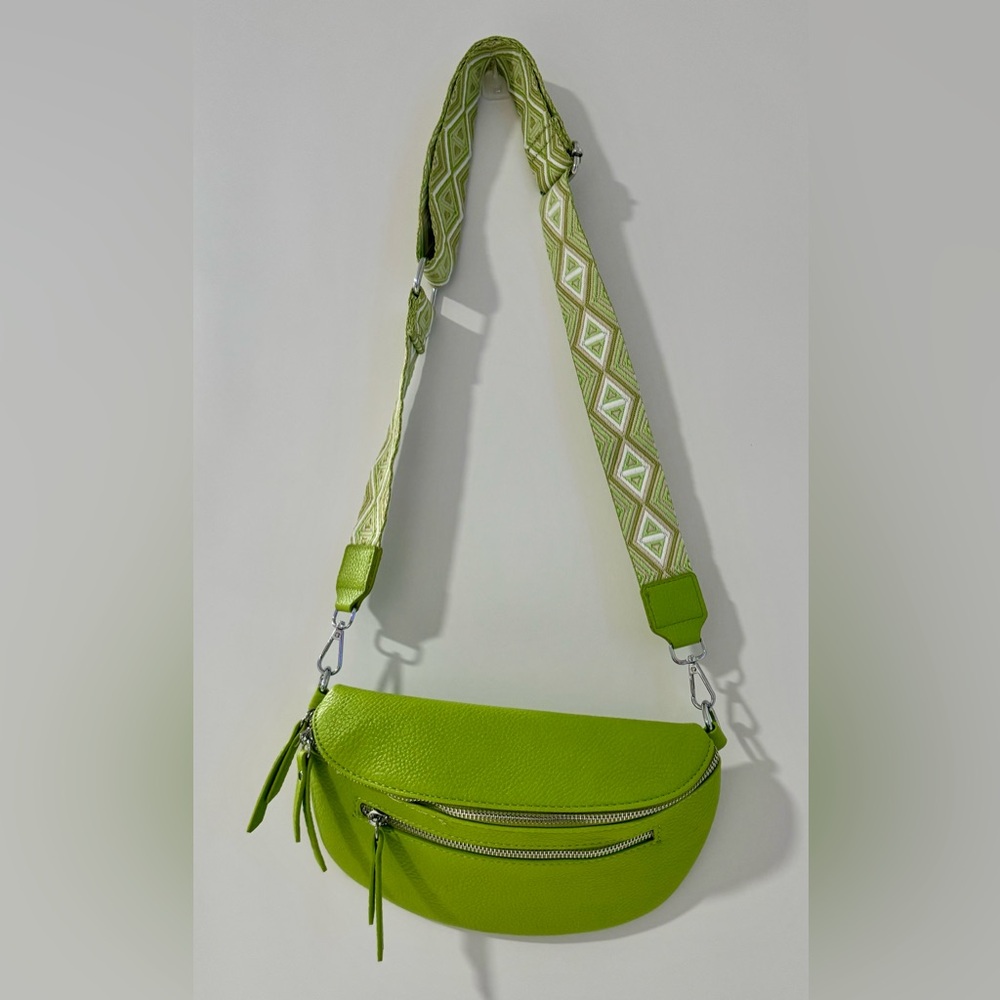Alexander Lime Green Crossbody Bag with Patterned Strap